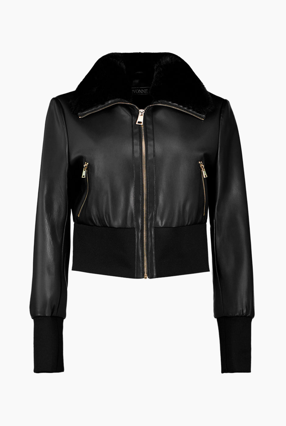 Chamarra bomber negra de ecopiel con cuello de pelo sintético