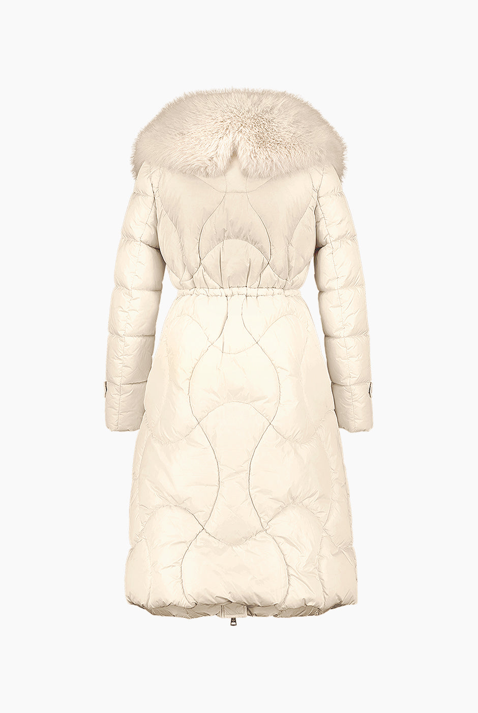 Chamarra Larga Capitoné en color natural con cuello de pelo