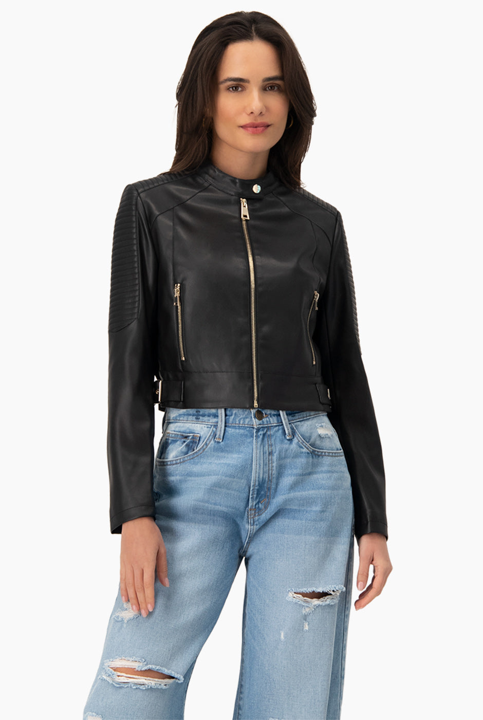 Chamarra Biker Negra en ecopiel con cremalleras y acolchado