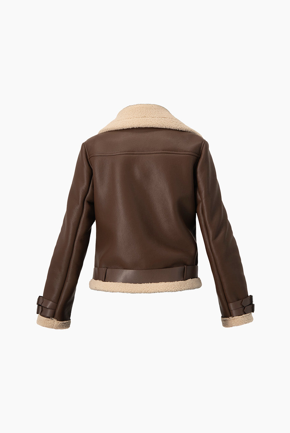 Chamarra biker chocolate en ecopiel con interior teddy y solapa