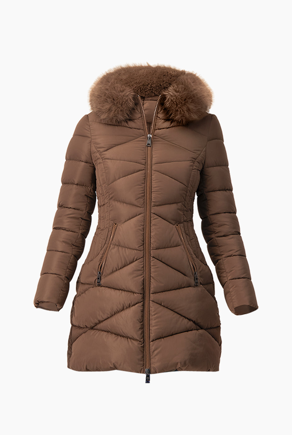 Chamarra capitonada café con capucha desmontable y cinturón