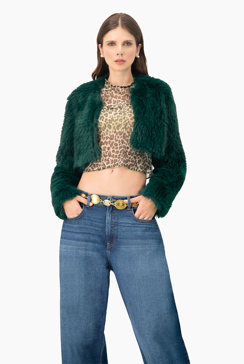 Abrigo Crop Faux-Fur Verde Estilo Llamativo