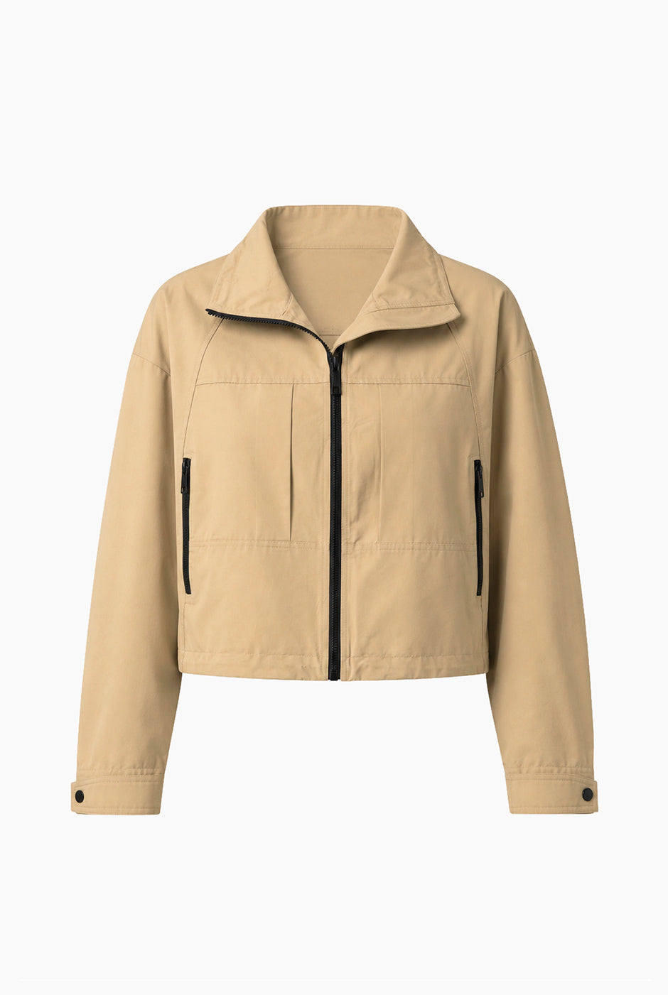 Chamarra rompevientos corta beige con cuello alto y bolsillos