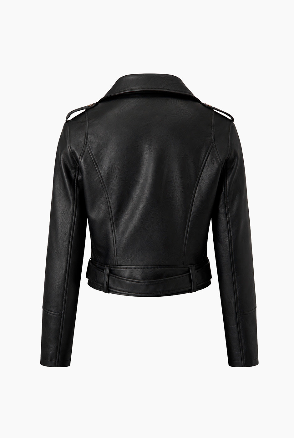 Chamarra Biker de ecopiel negra con zipper cruzado y cinturón
