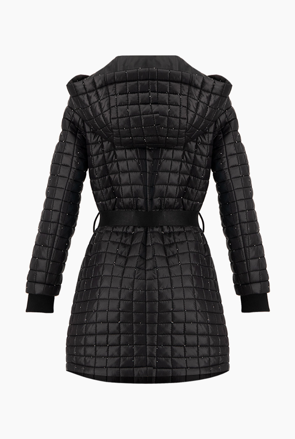 Chamarra larga acolchonada negra con cinturón y capucha