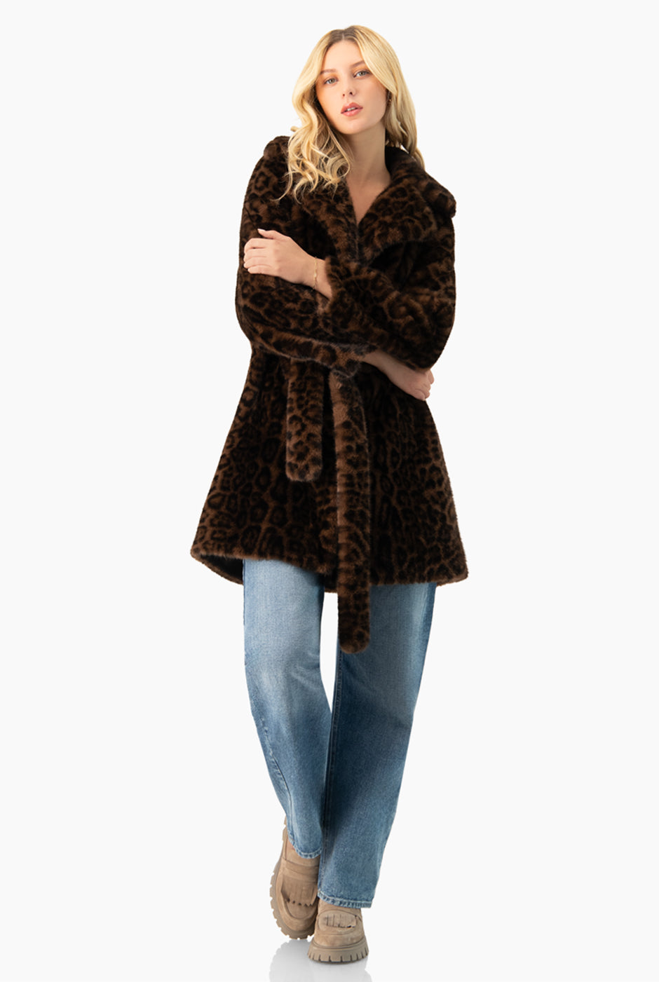 Abrigo largo reversible con estampado de leopardo y cinto