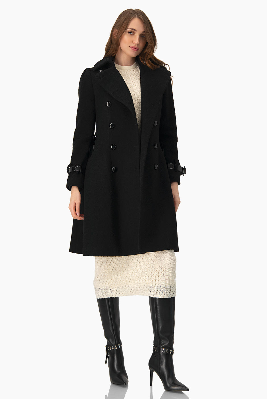 Abrigo negro Ivonne con doble botonadura y cinturón