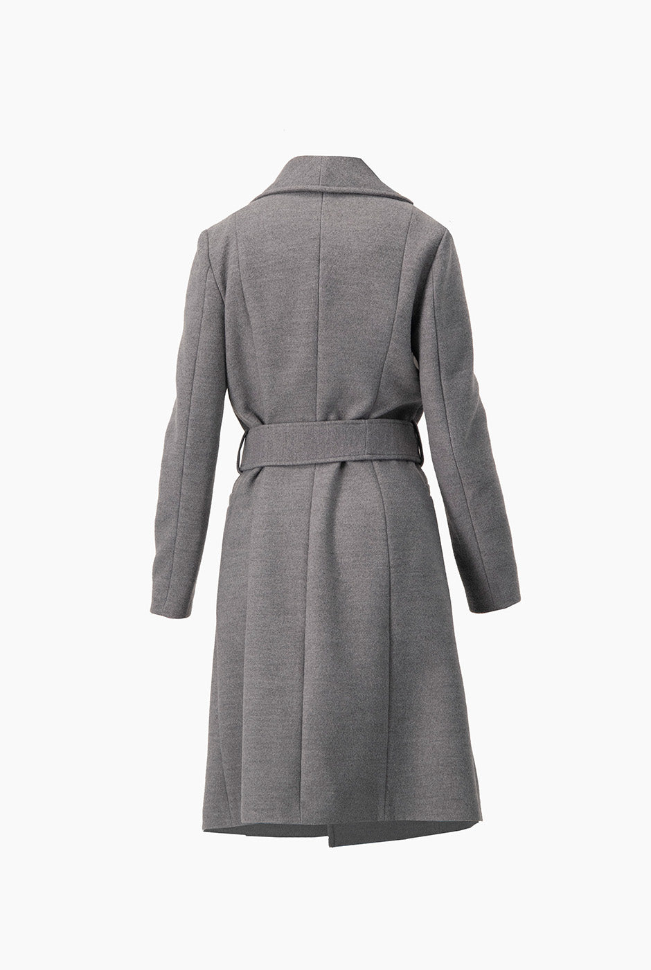 Abrigo largo gris con cinta y solapas anchas