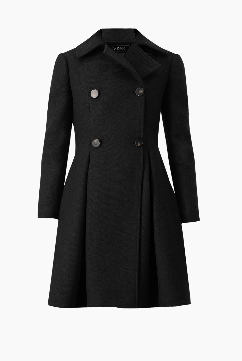 Abrigo largo negro de doble botonadura y solapa amplia