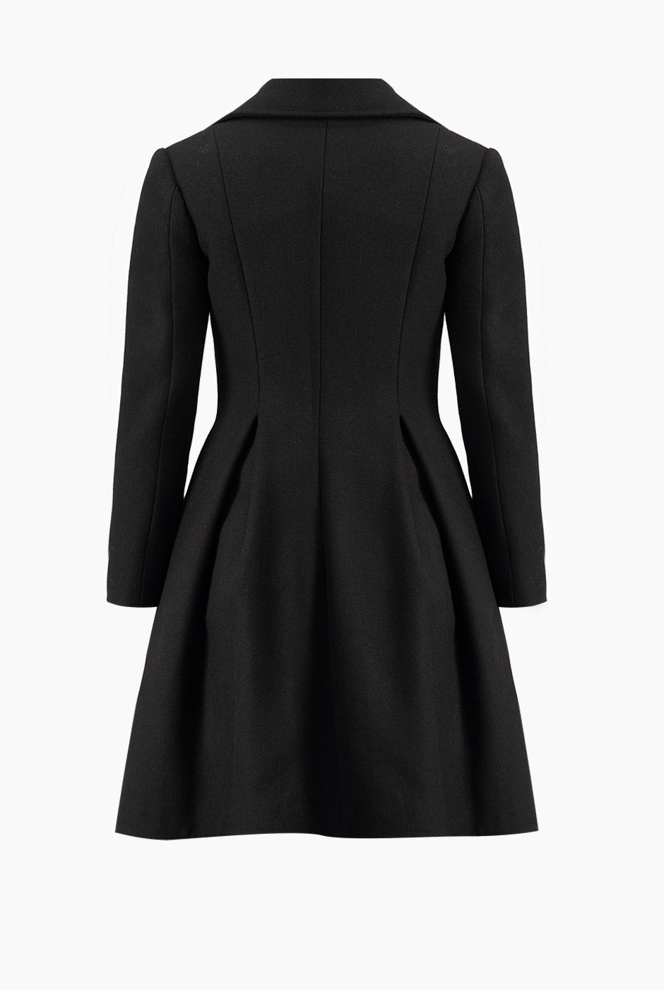 Abrigo largo negro de doble botonadura y solapa amplia