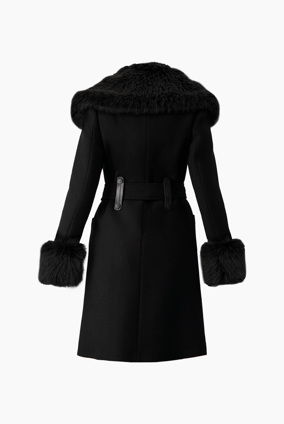 Abrigo largo cruzado negro con peluche en cuello y puños
