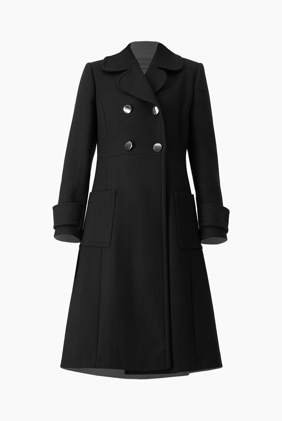 Abrigo largo negro con doble botonadura y bolsillos de parche