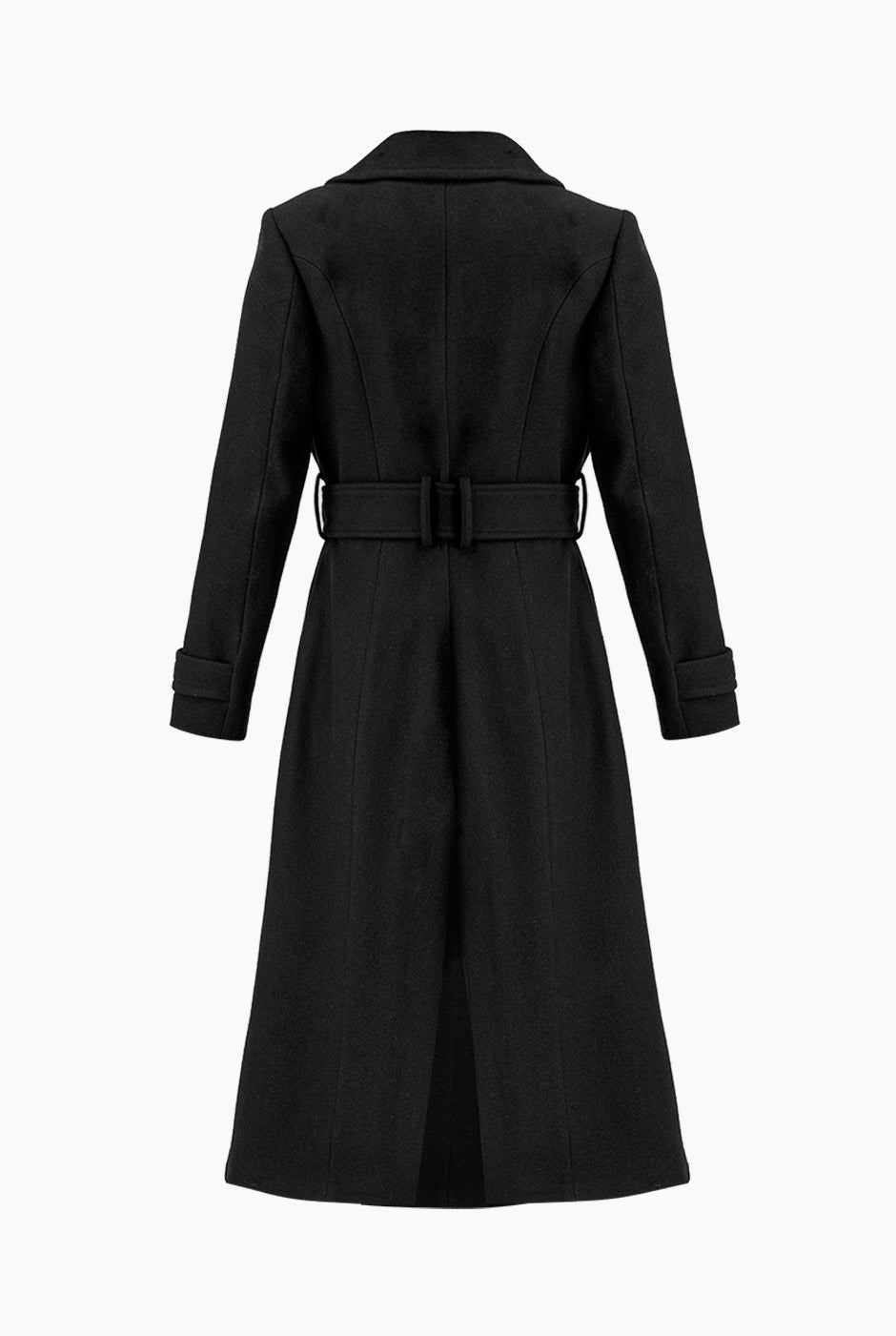 Abrigo largo negro con cinturón y hebilla en mangas