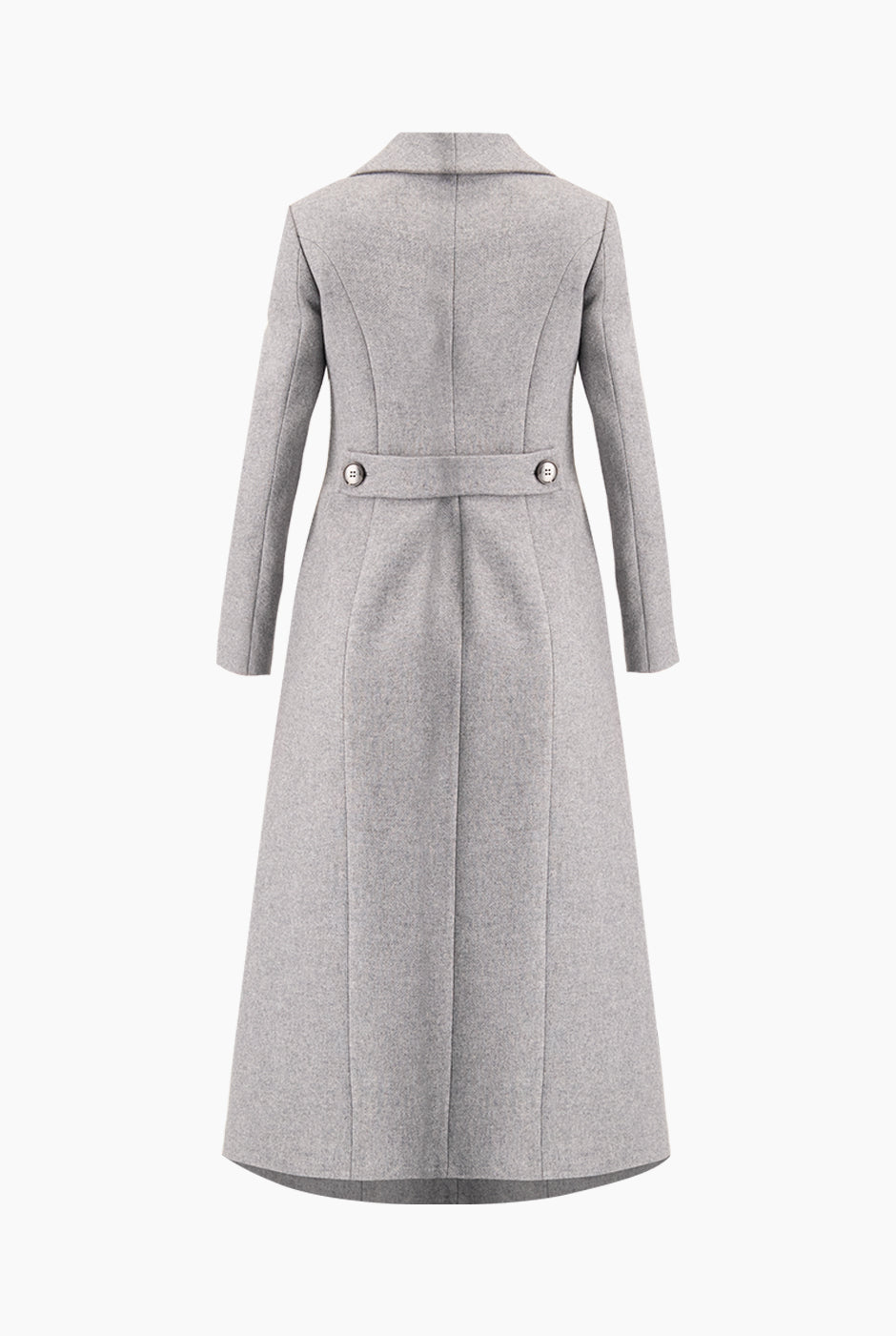 Abrigo largo gris con botones y bolsillos laterales