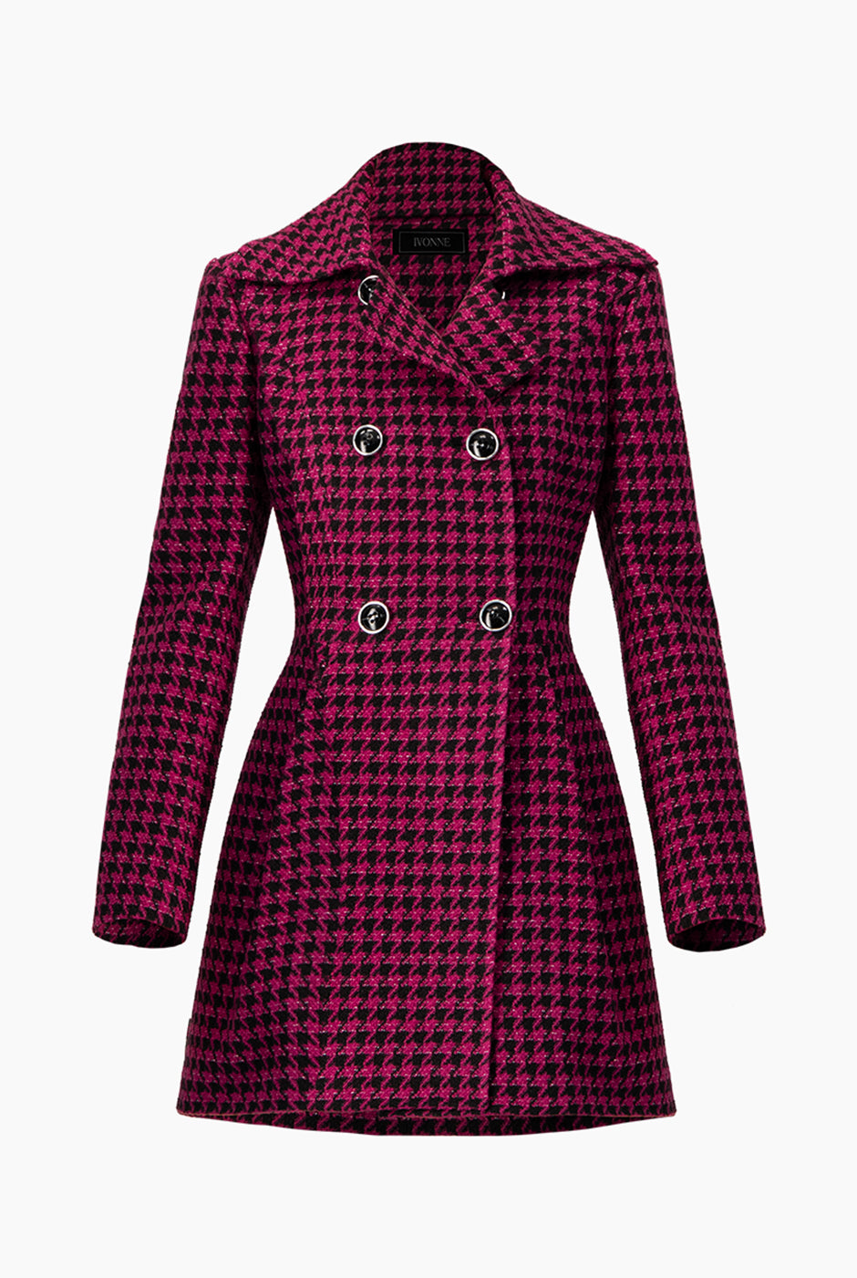 Abrigo cruzado fucsia con botones grandes y estampado pata de gallo