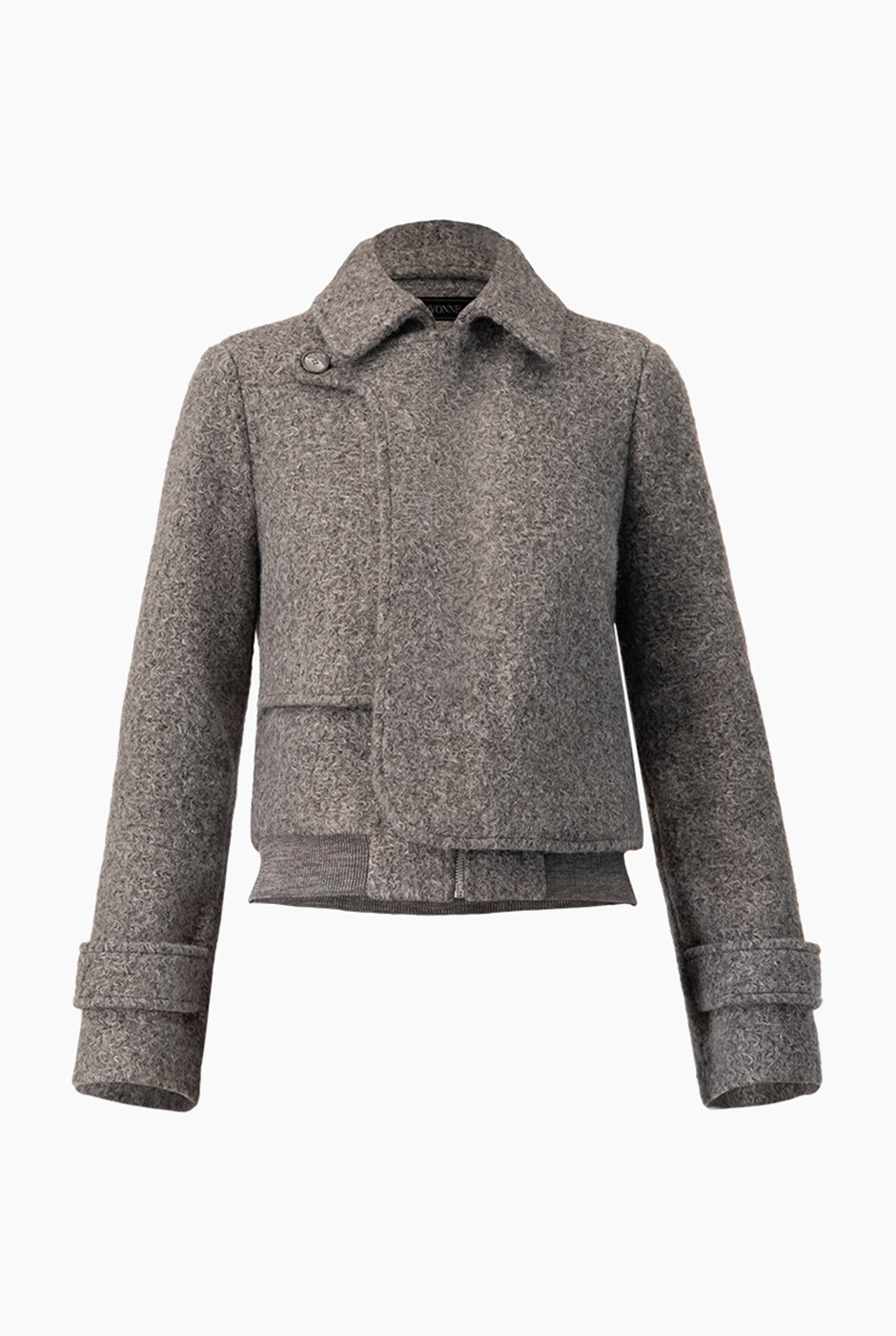 Abrigo corto gris con cierre y charreteras en las mangas