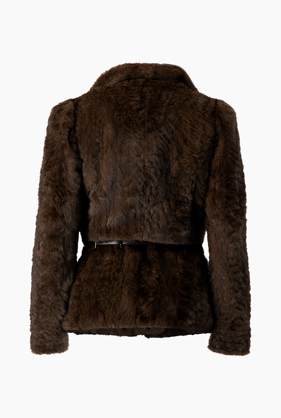 Abrigo corto de peluche café con cinturón elegante