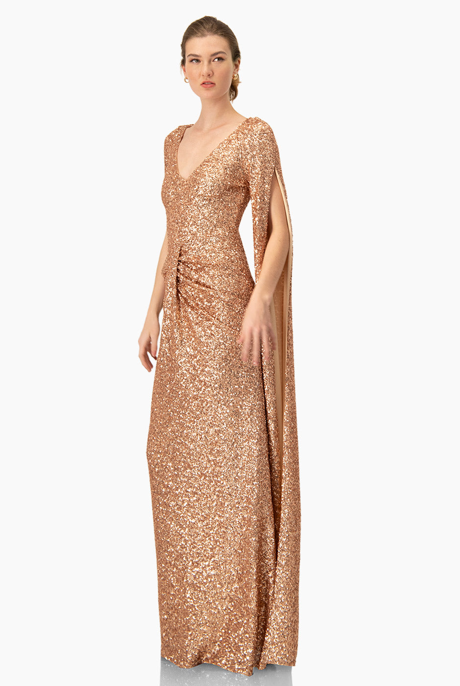 Vestido de noche rosa con lentejuelas y escote en V