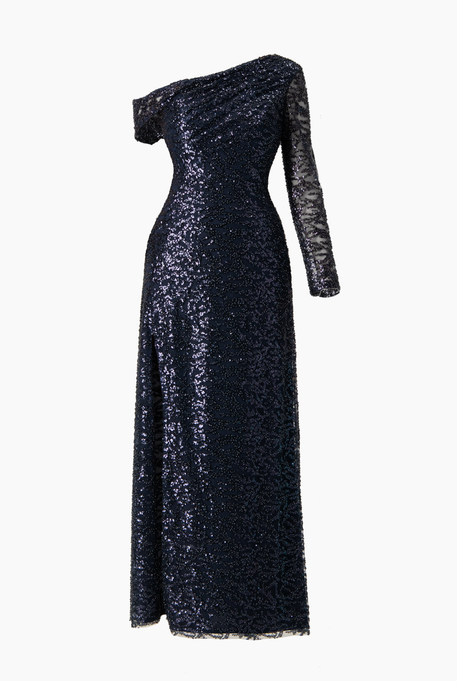 Vestido largo azul marino con abertura frontal y una manga