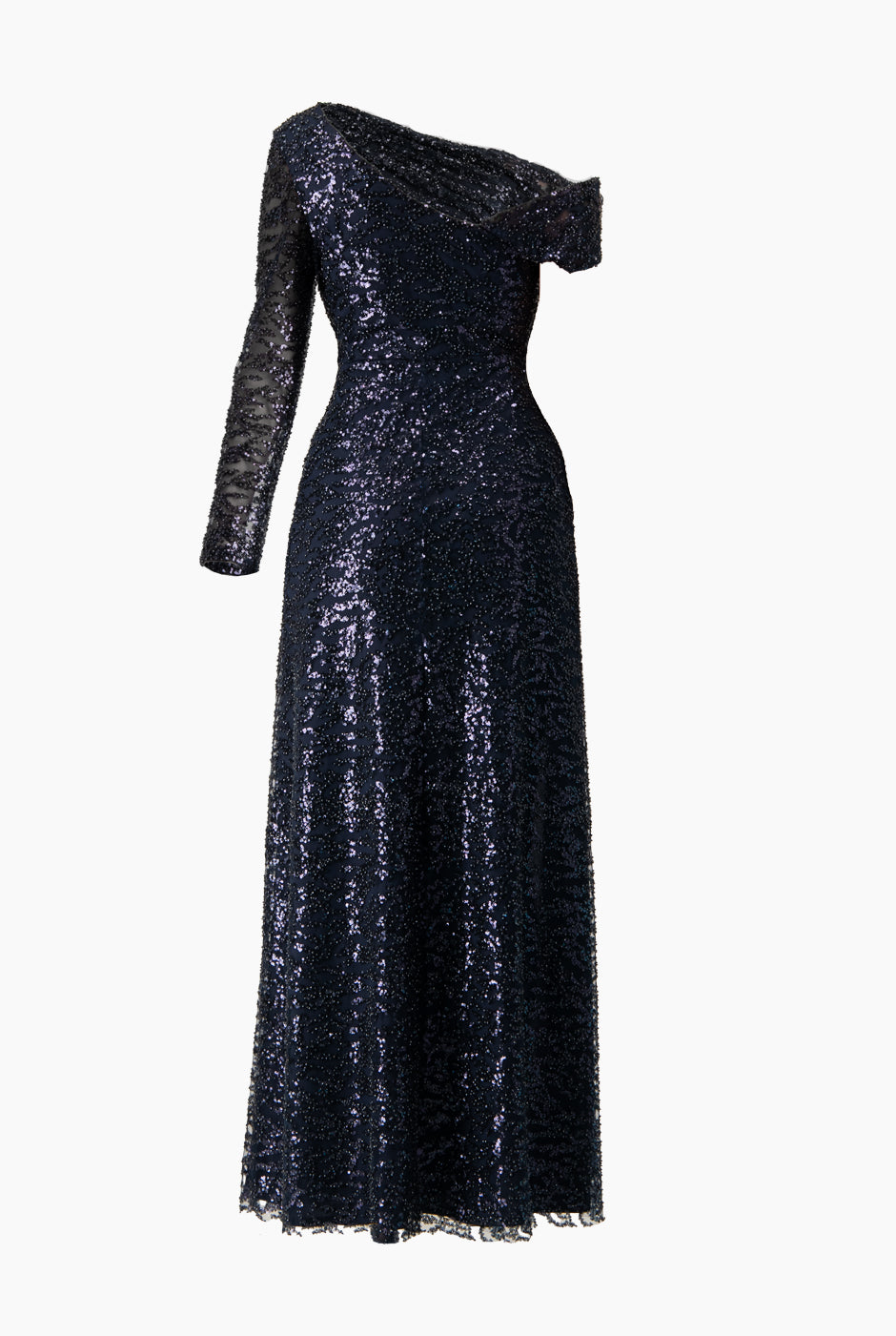 Vestido largo azul marino con abertura frontal y una manga