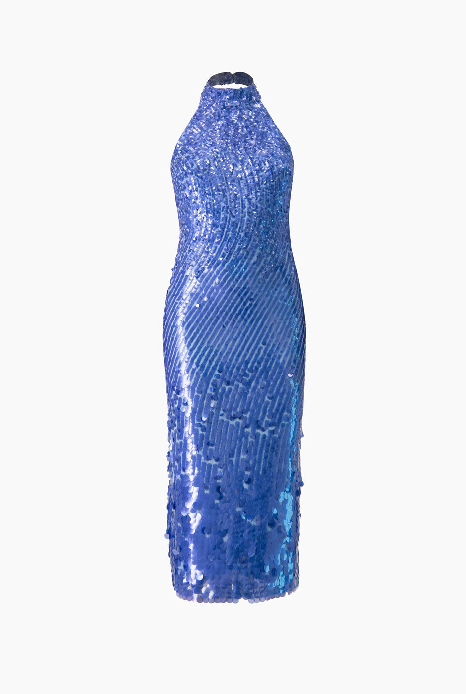 Vestido largo de lentejuelas azul con cuello halter y espalda descubierta