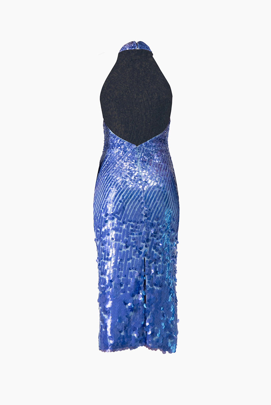 Vestido largo de lentejuelas azul con cuello halter y espalda descubierta