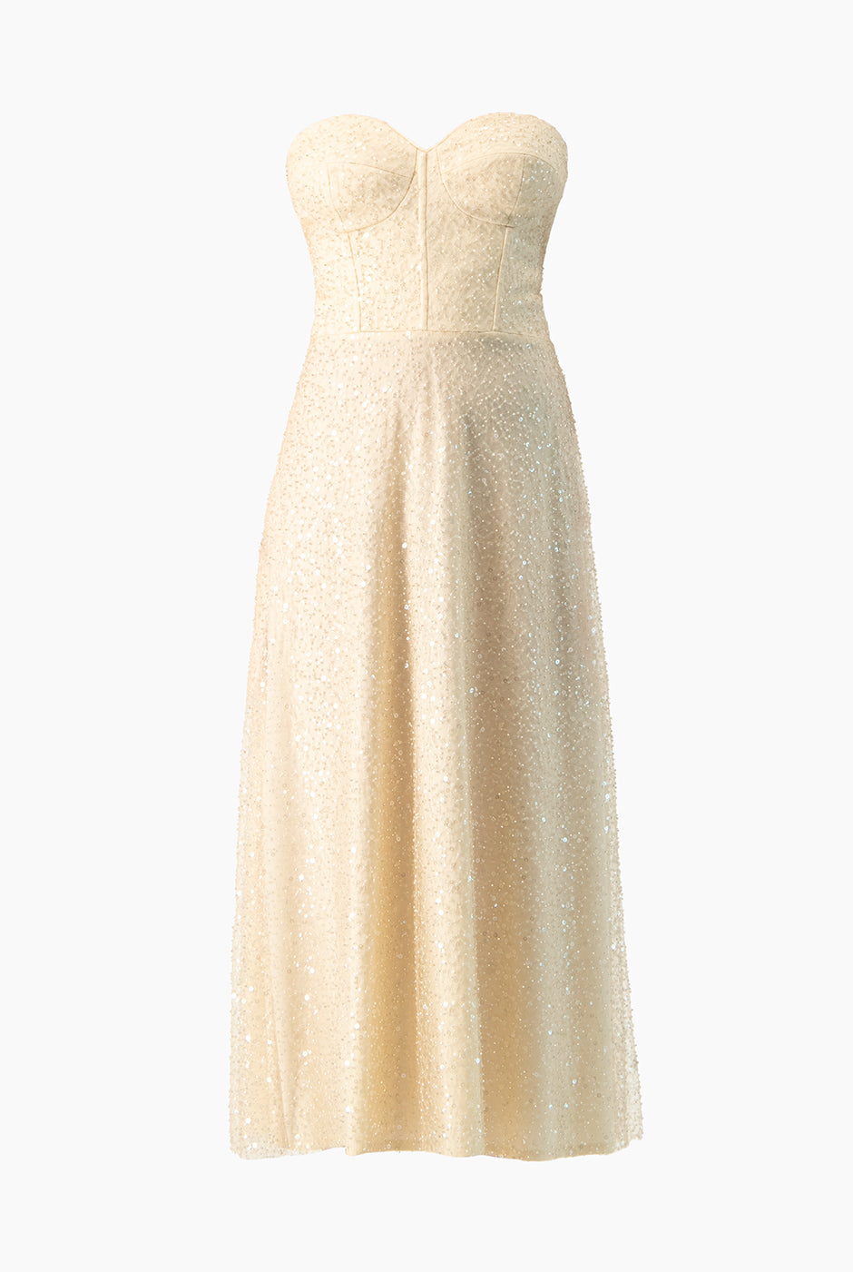 Vestido beige largo con escote corazón y lentejuelas