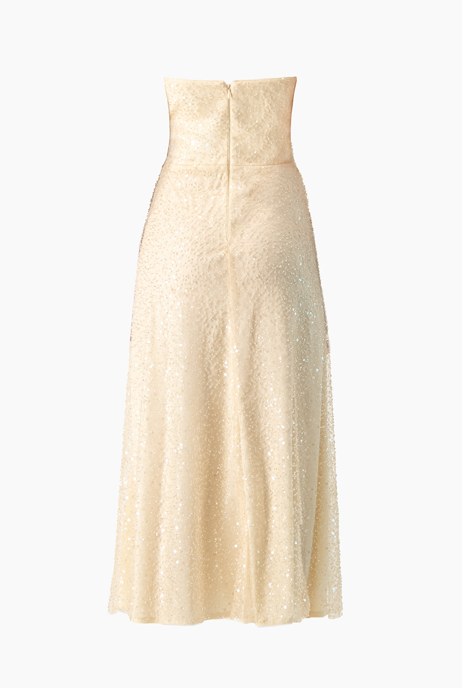 Vestido beige largo con escote corazón y lentejuelas