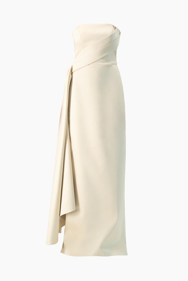 Vestido largo strapless beige