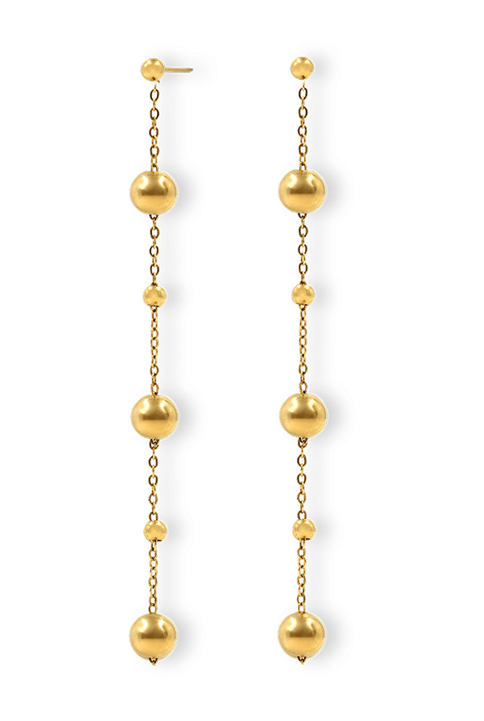 Aretes colgantes dorados con cadenas y esferas
