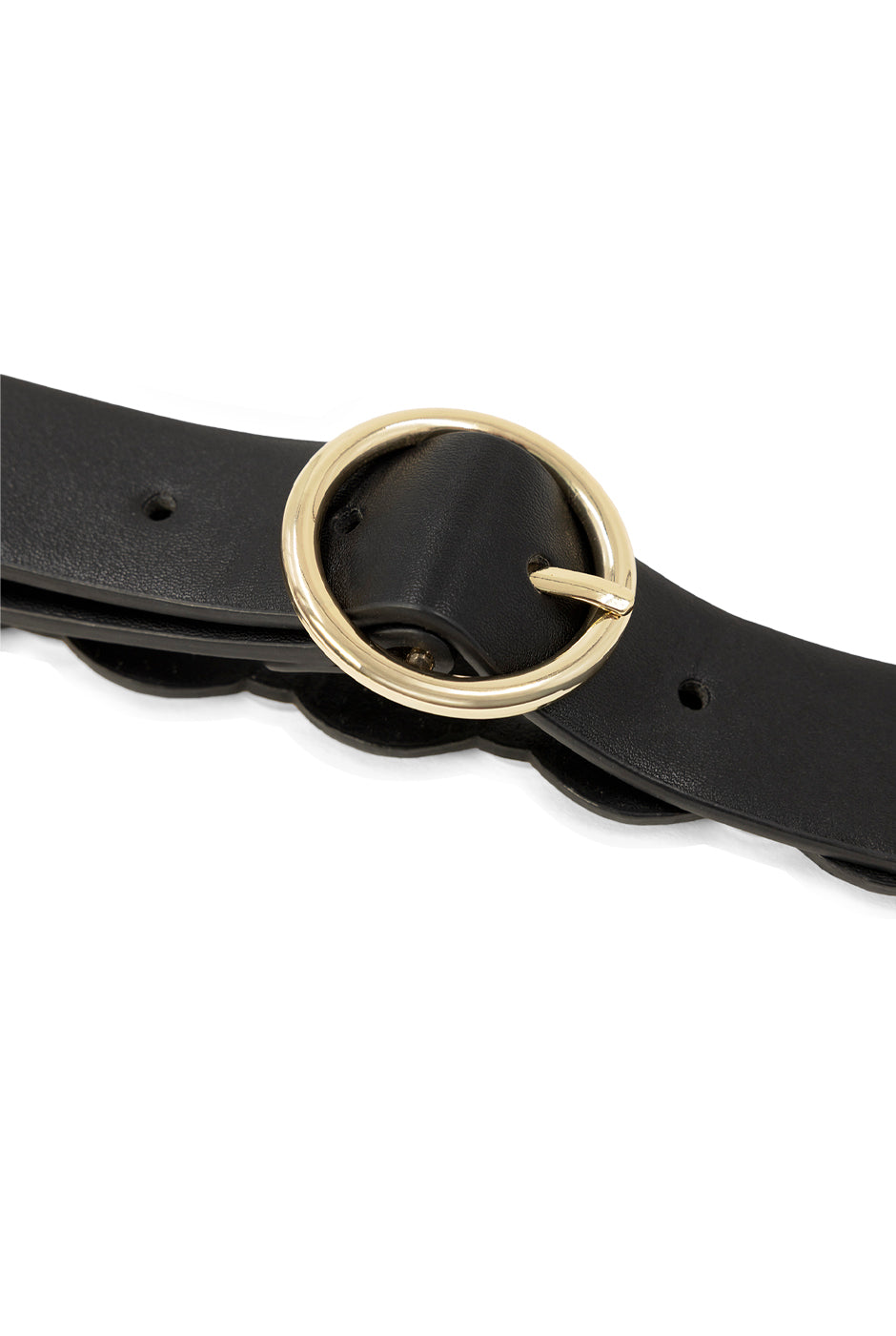 Cinturón negro en ecopiel con hebilla dorada y detalles decorativos.