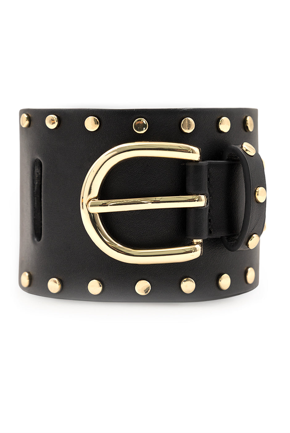 Cinturón asimétrico negro con tachuelas y hebilla dorados