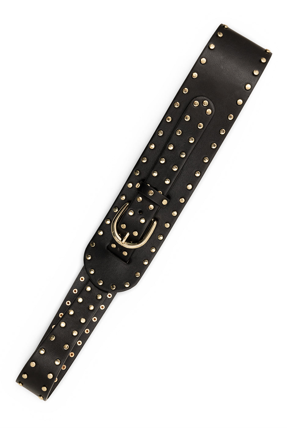 Cinturón asimétrico negro con tachuelas y hebilla dorados