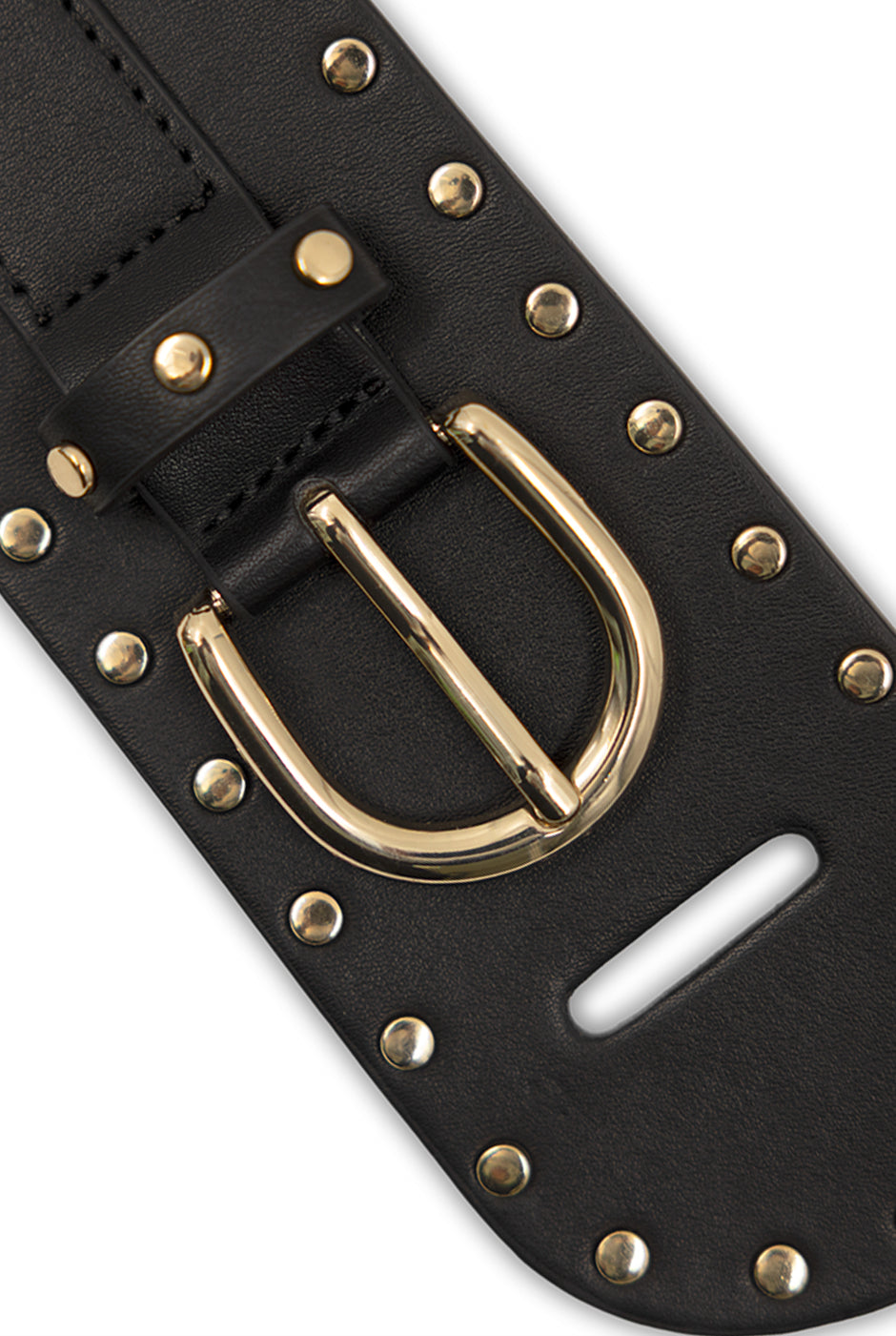 Cinturón asimétrico negro con tachuelas y hebilla dorados