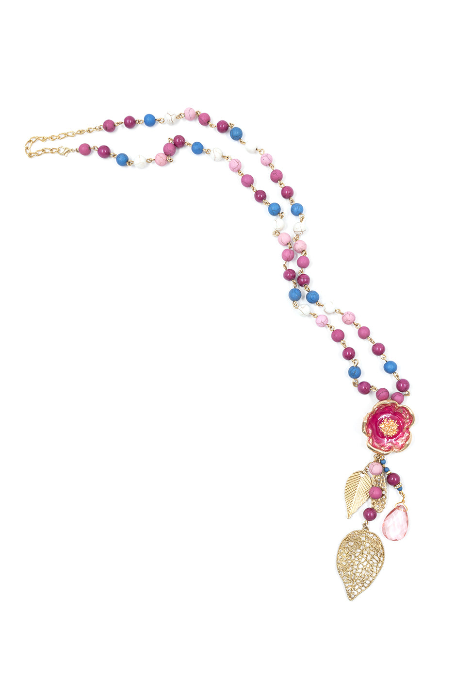 Collar Maxi Lariat fucsia con colgantes de flor y hojas