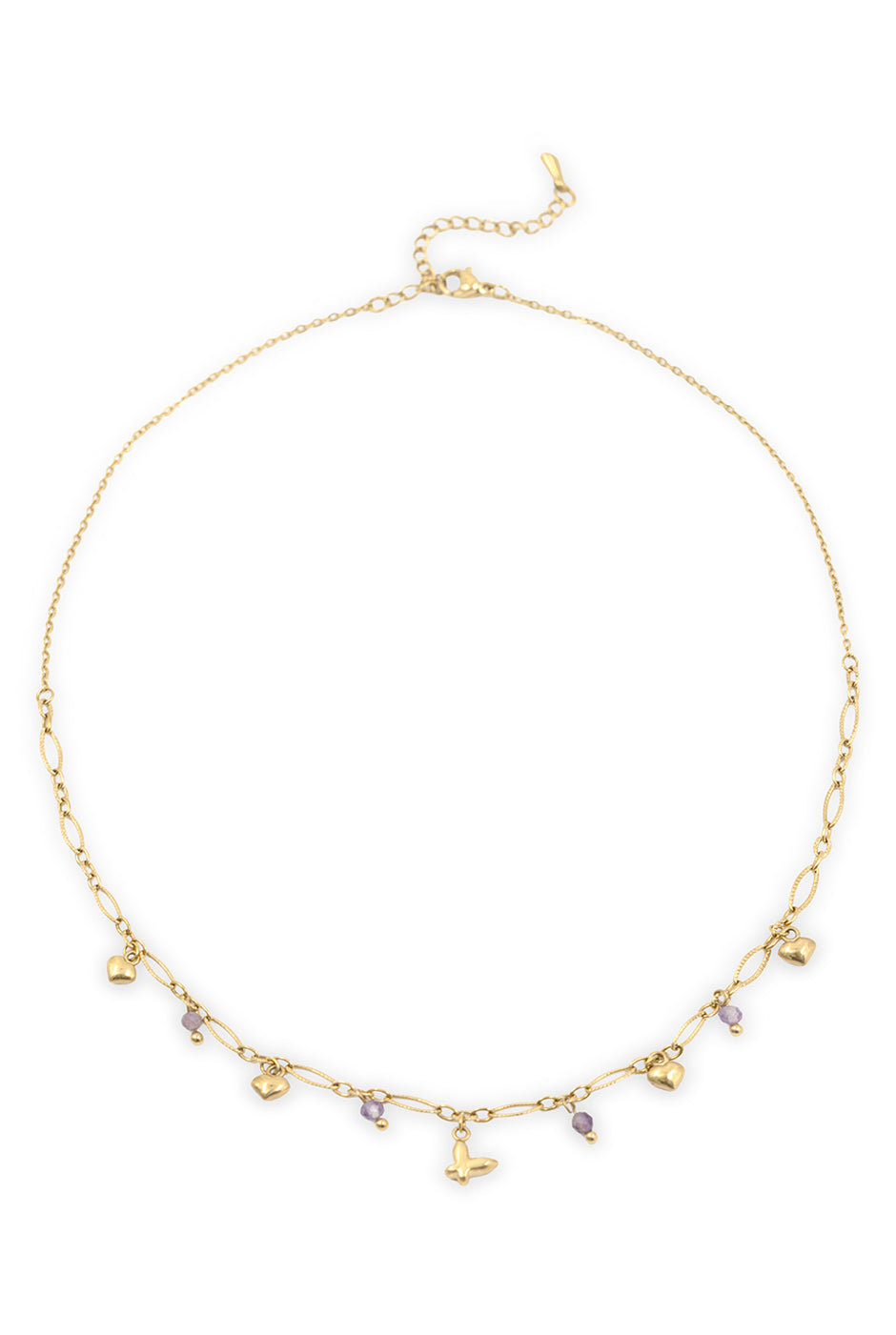 Collar cadena dorada con dijes de corazones y cuentas moradas