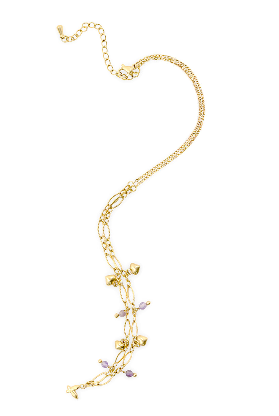 Collar cadena dorada con dijes de corazones y cuentas moradas