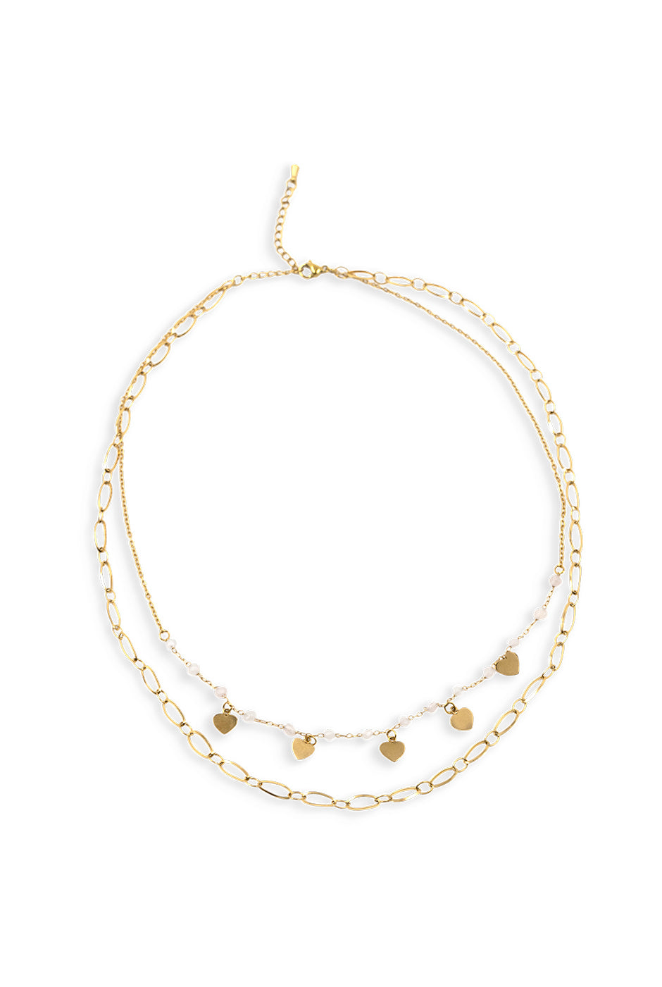 Collar de doble cadena dorada con dijes de corazones