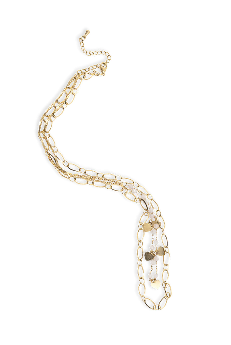 Collar de doble cadena dorada con dijes de corazones