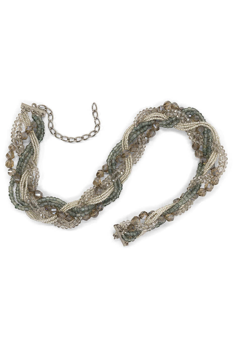 Collar trenzado de chaquira en tonos plomo con broche ajustable