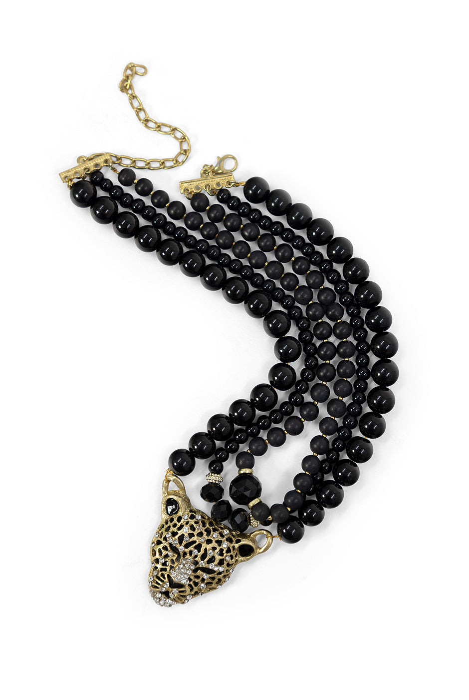 Collar de cuentas negras con dije dorado de felino