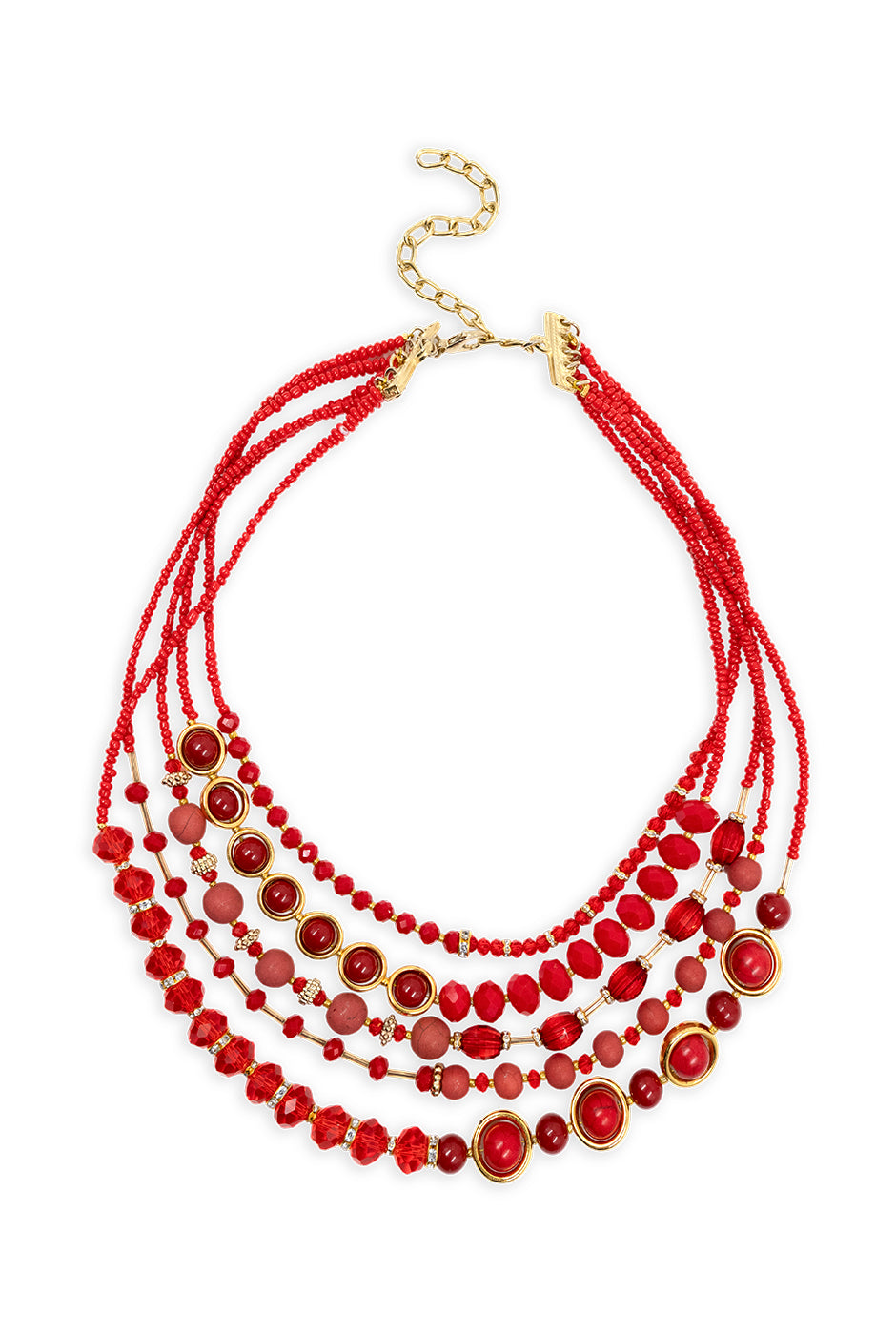 Collar Cascada Roja con cuentas de chaquira y detalles dorados