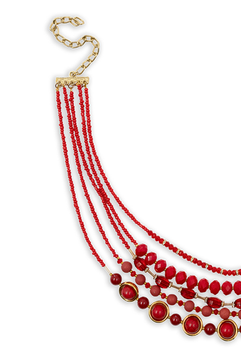 Collar Cascada Roja con cuentas de chaquira y detalles dorados