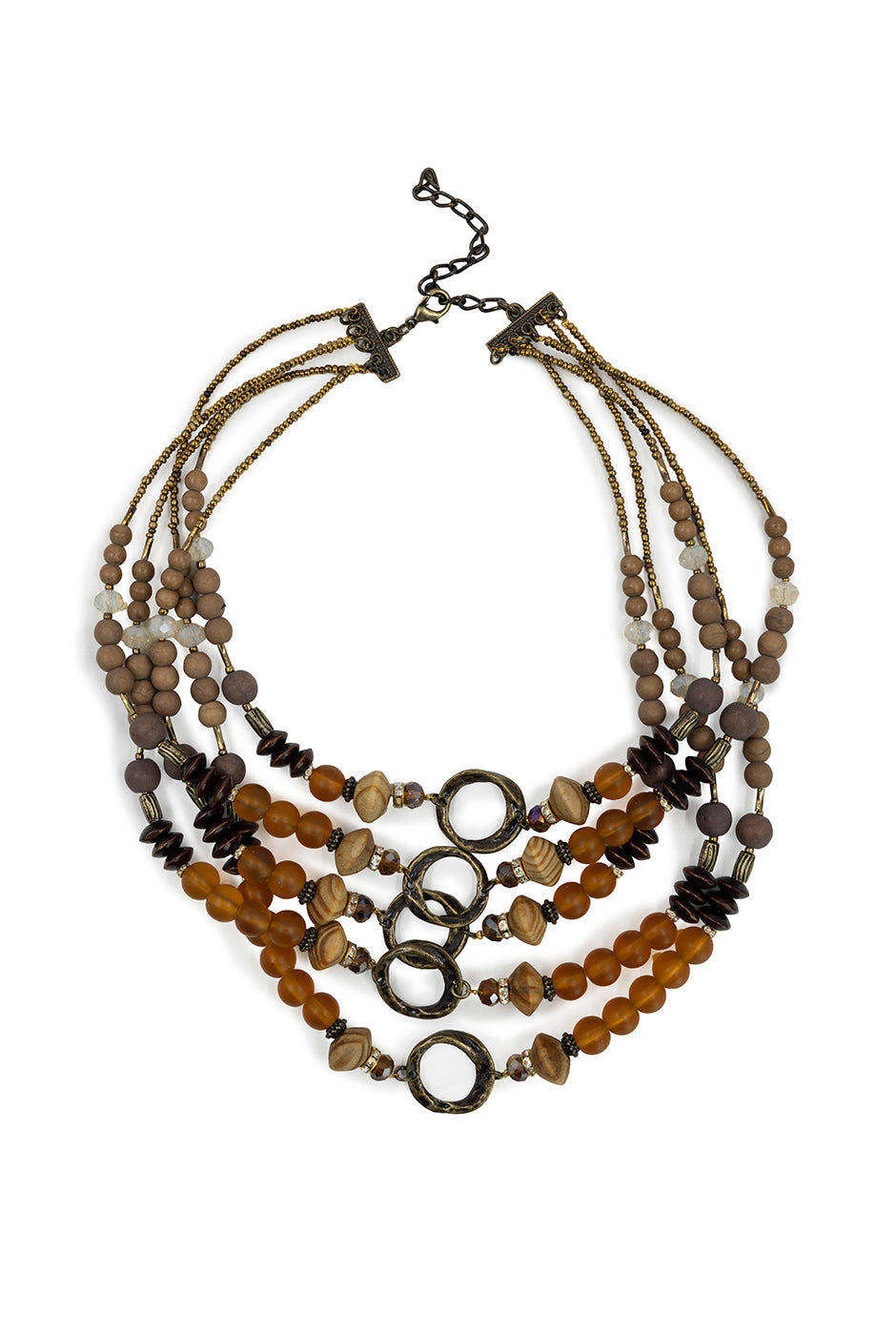 Collar tipo cascada con cuentas mixtas y broche ajustable en tonos café