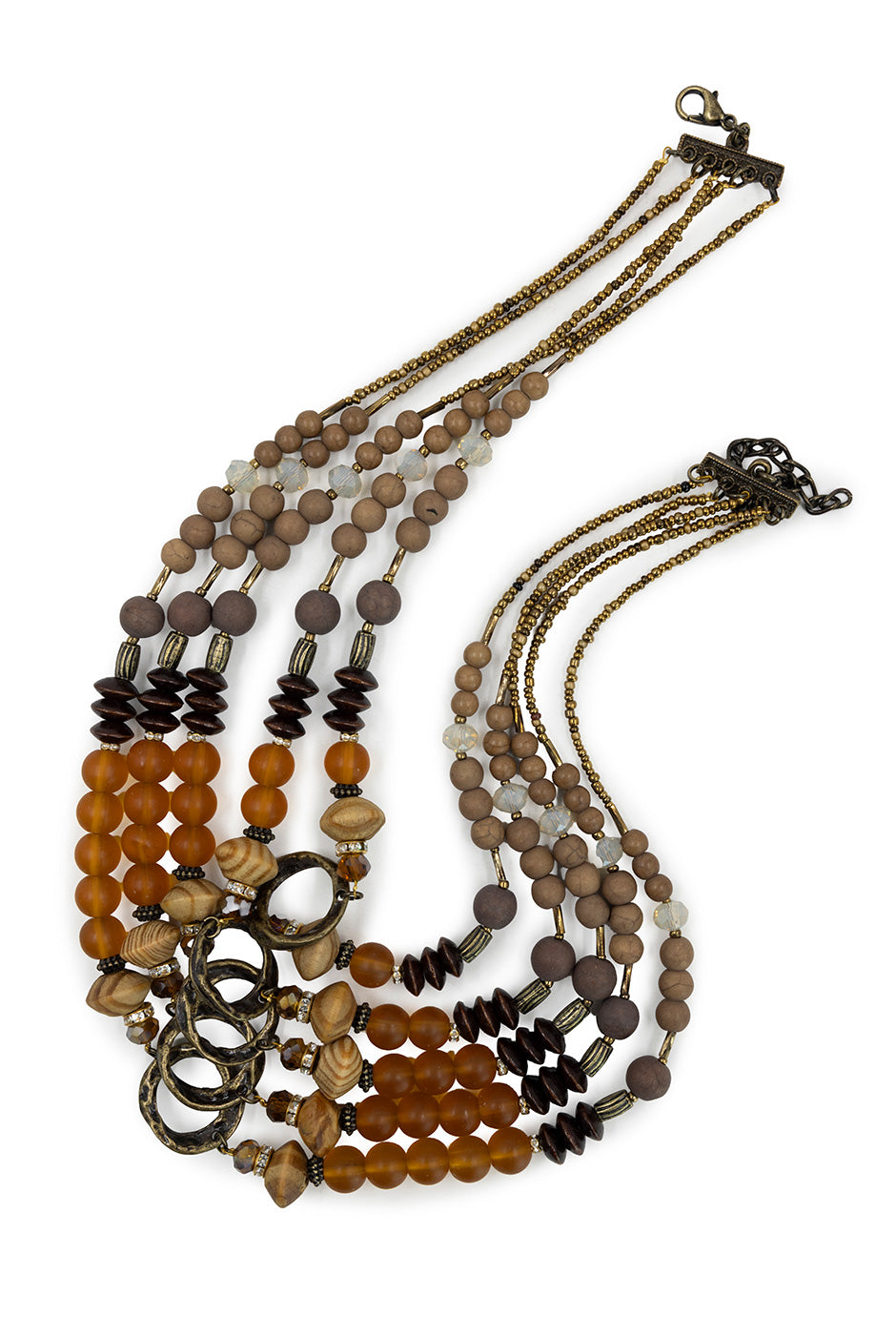 Collar tipo cascada con cuentas mixtas y broche ajustable en tonos café