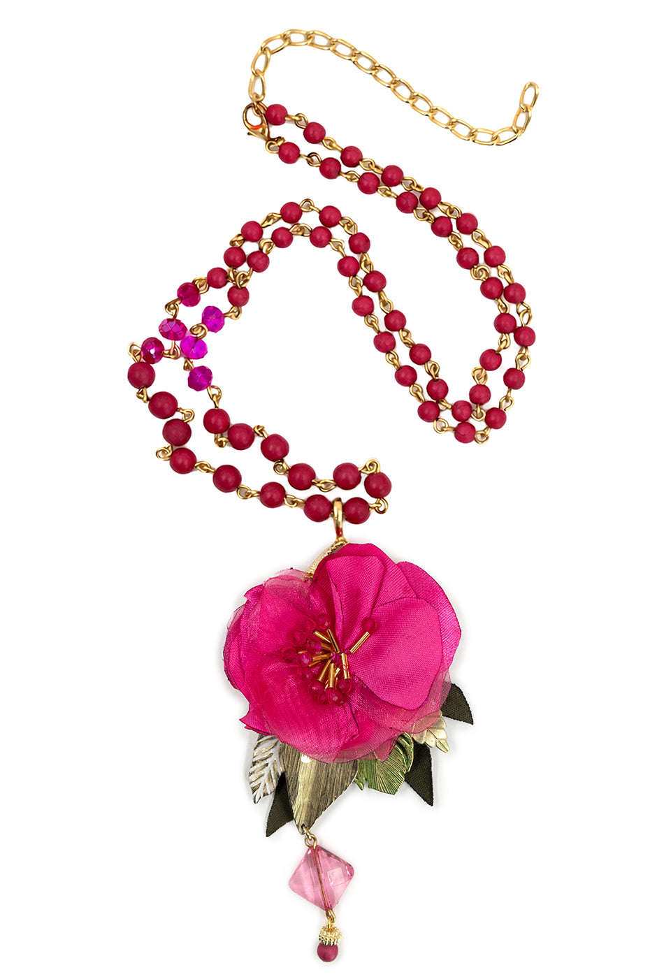 Collar Fucsia Rose con abalorios y colgante floral