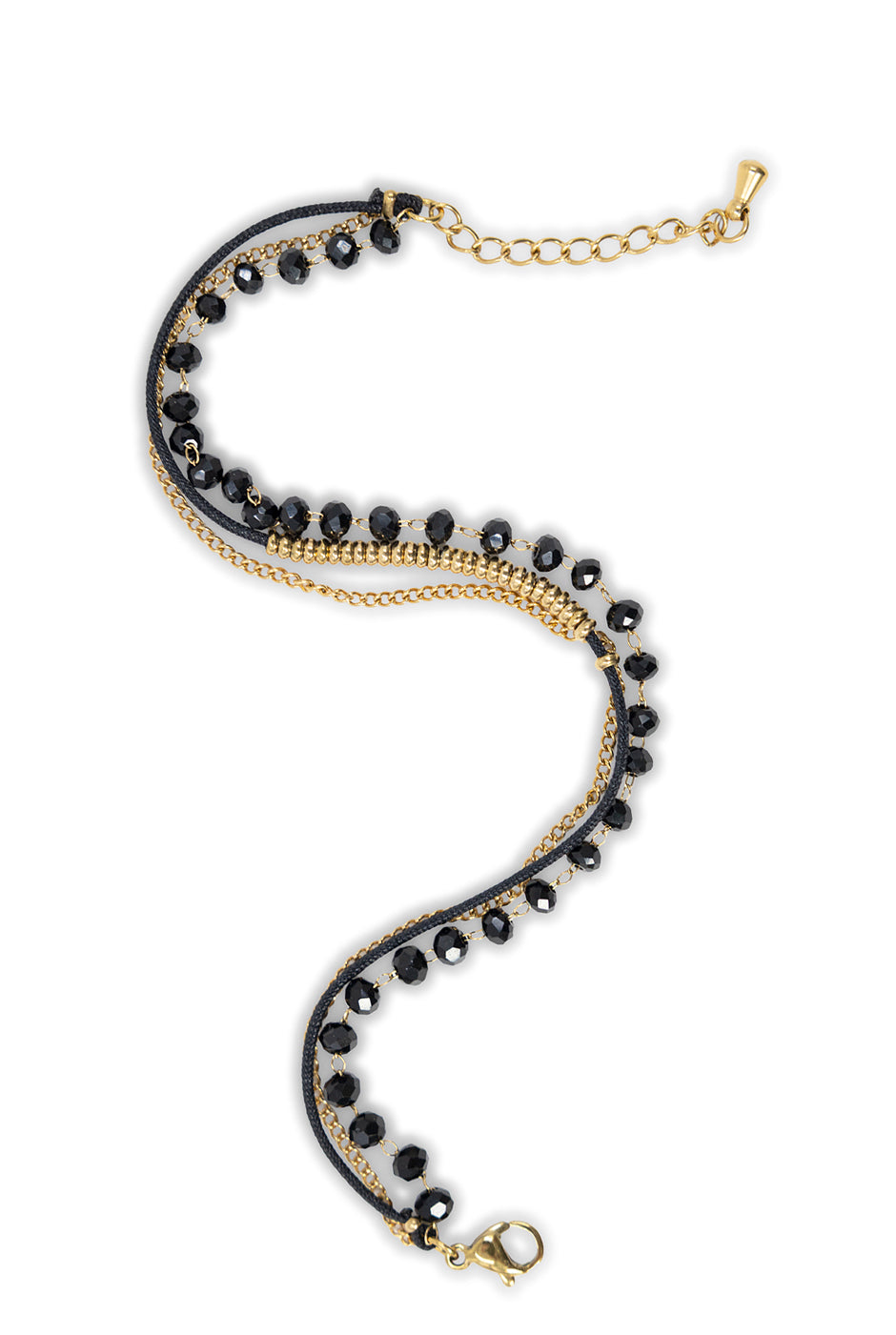 Pulsera de tres capas en negro y dorado con cierre ajustable