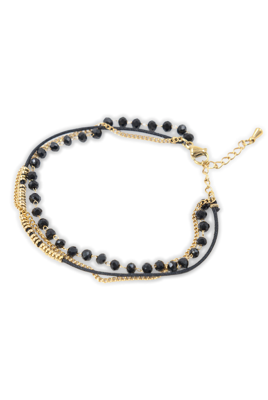 Pulsera de tres capas en negro y dorado con cierre ajustable