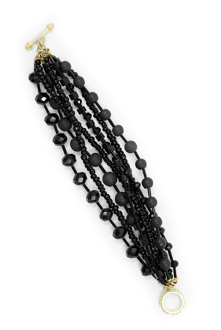 Pulsera de abalorios negros con broche dorado