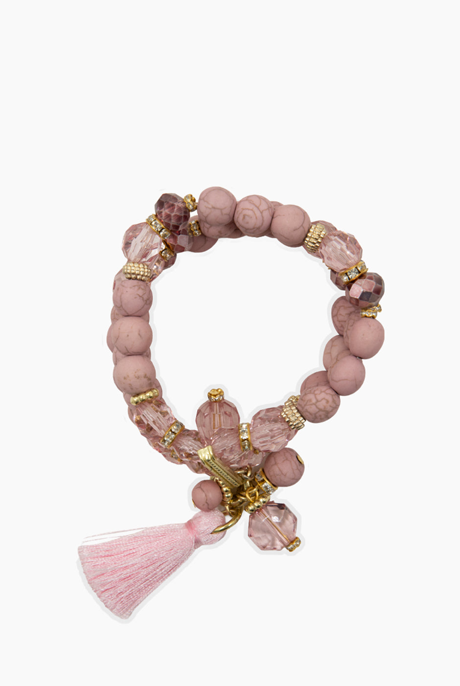 Pulsera de tres hilos rosa con borla y cuentas doradas